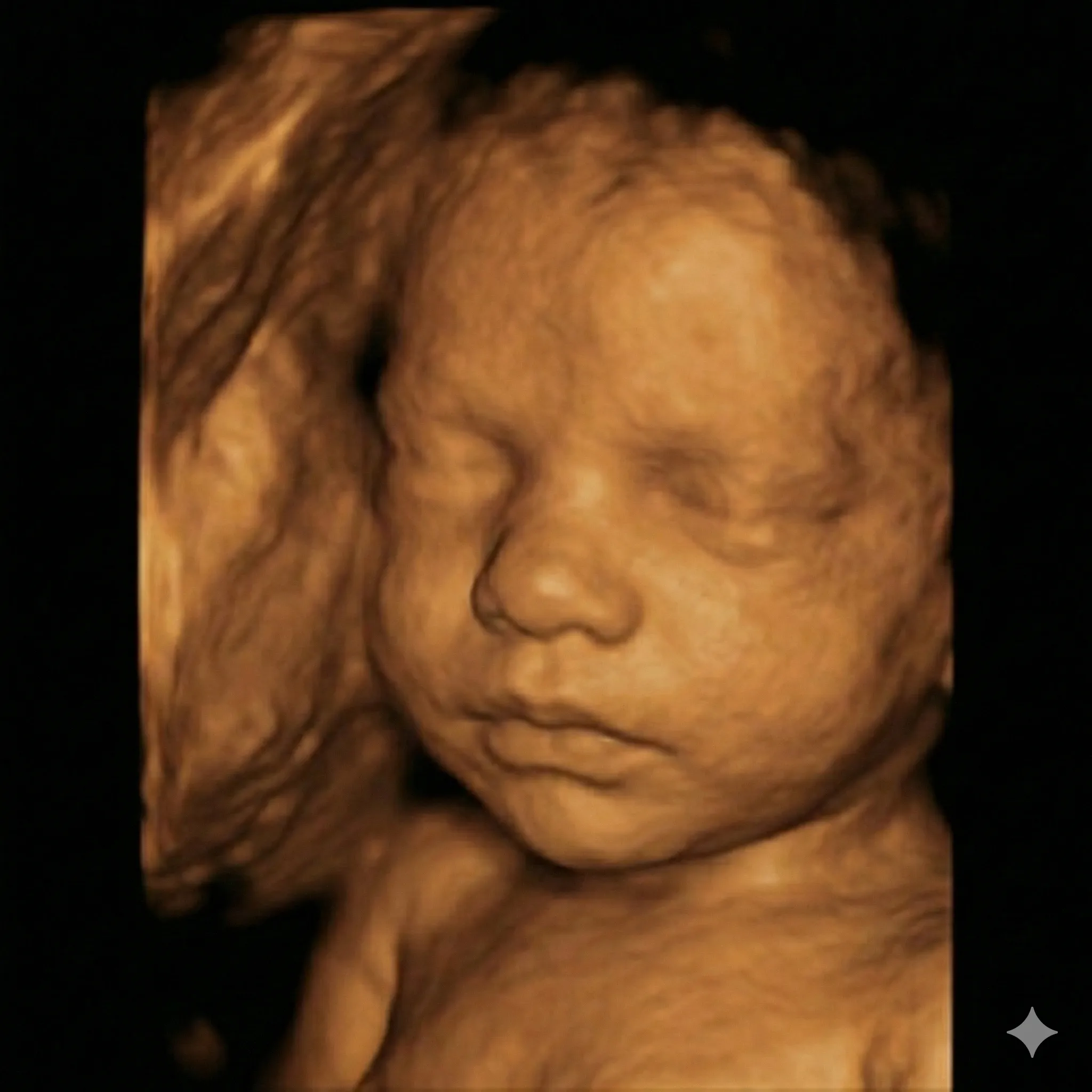Grainy 4D ultrasound scan of baby face